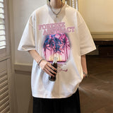 Wiaofellas Korean Style Large Size Men T-shirts Summer Coconut Tree Pattern Short Sleeve Round Neck Tops Vintage Male Tee Shirts