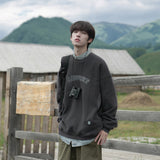 Wiaofellas Spring Men's Hoodie 360G Letter Embroidery Color Round Neck Pullover Loose Tide Brand Couple Style Top Dark Gray, Brown