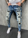 Wiaofellas Jeans Men's Distressed Stretch Ripped Biker Jeans Men Hip Hop Slim Fit Holes Punk Jeans Zipper Pure Color Denim Pants