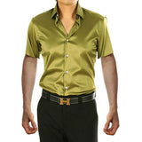 Wiaofellas Stylish Gold Silk Satin Shirt Men Chemise Homme Casual Short Sleeve Slim Fit Mens Dress Shirts Business Camisa Masculina