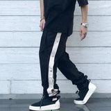Wiaofellas Y2K Side Button Striped Drawstring Casual Cargo Pants for Men Straight Black Color Joggers Sweatpants Oversize Baggy Overalls