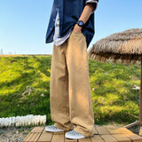 Wiaofellas Fashion Long Oversized Pants Men Streetwear Clothing Solid Cotton Straight Trousers Khaki White Green White Casual Pants Man