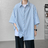 Wiaofellas Summer Men's Fashion Trend Stripe Printing Short Sleeve Shirts Lapel Collar Blue/Black Color Clothes Shirts M-XL