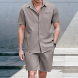 Wiaofellas Summer Men's Solid Color Casual Suit Beach Vacation Wind Thin Section Fashion Short-sleeved Shirt Shorts Two-piece Suit for Men