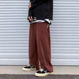 Wiaofellas Japanese Retro Brown Red Corduroy Wide Leg Pants Men's Fashion Trousers Loose Straight Casual Pants Elastic Waist Sweatpants