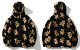 Wiaofellas Fleece Hooded Jackets Streetwear Casual Harajuku Hip Hop Men Women Fashion Bear Print Full Zip Hooded Coat Tops Outwear