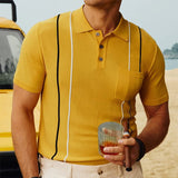 Wiaofellas Spring Summer Casual Mens Knit Polo Shirt Short Sleeve Polo Collar Button Tops Men Clothes Fashion Striped Polos Tops Streetwear