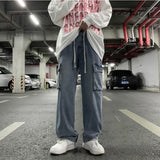 Wiaofellas Men's Jeans Casual Retro Tooling Wide-leg Loose Multi-pocket All-match Straight Trousers