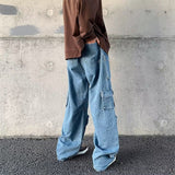 Wiaofellas Multi-Pocket Washed Cargo Pants Men Y2K New Retro High Street Fashion High Waist Jeans Couple Harajuku Casual Wide Leg Pants Men