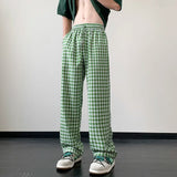 Wiaofellas Summer Thin Casual Pants Men Fashion Oversized Ice Silk Pants Men Streetwear Loose Plaid Pants Mens Trousers Large Sizes M-5XL