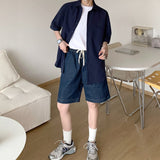 Wiaofellas Summer Blue Denim Shorts Men Fashion Retro Drawstring Denim Shorts Mens Streetwear Korean Loose Straight Jeans Shorts Men M-2XL