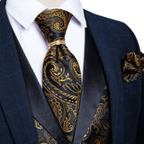 Wiaofellas Brand Suit Vest Set For Men Luxury Silk Black Gold Paisley Dress Vest Tie Cufflinks Handkerchief Set Male Sleeveless Waistcoat