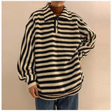 Wiaofellas Winter Men's Fashionable Wool Sweater Thickened Lapel Collar Knitting Striped Printing Pullover Black/blue Color Coats