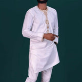 Wiaofellas New Men's Suit Top Trousers 2-piece Set Solid Color Round Neck Embroidery Long Sleeve Suit Wedding African Ethnic Style