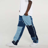 Wiaofellas Men Wash Patch Design Jeans Hip Hop Harajuku Punk Style Splicing Straight Pants Denim Jeans Loose Street Cotton Tassel Trousers