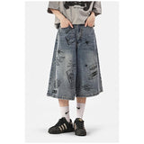 Wiaofellas Harajuku Graffiti Print Cropped Pants Men And Women High Street Loose Casual Wide-leg Over-the-knee Shorts Cropped Jeans