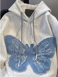 Wiaofellas Hiphop Vintage Butterfly Hoodie Fashion Women Denim Patch Fried Street Autumn Winter Plush Versatile Couple Sweatshirt Chic