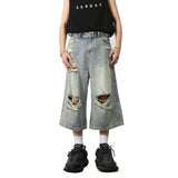 Wiaofellas Summer Jeans Men Straight Loose Casual Vintage Destroy Hole Denim Shorts Jeans Pants Male Wide Leg Short Jeans