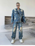 Wiaofellas POP Menswear 2023 New Style Heavy Craft Washing Destroy Denim Jacket Jeans Men Personality Trend Fried Street Leisure Suit