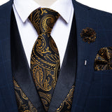 Wiaofellas Brand Suit Vest Set For Men Luxury Silk Black Gold Paisley Dress Vest Tie Cufflinks Handkerchief Set Male Sleeveless Waistcoat