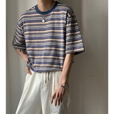 Wiaofellas Summer Men's Korean Loose Stripe Printing T-shirts Short Sleeve Round Neck Tshirt Green/blue Color Clothes T Shirts M-2XL