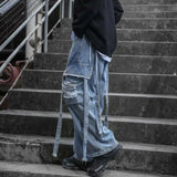 Wiaofellas Harajuku Vintage Jeans Loose Pockets Wide Leg Pants Fashion Oversized Trousers Ribbon Hole Cargo Korean Staight Casual