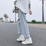 Wiaofellas Solid color straight leg jeans for men Korean version trend loose and simple casual cropped pants A080-9231-P30