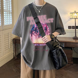 Wiaofellas Korean Style Large Size Men T-shirts Summer Coconut Tree Pattern Short Sleeve Round Neck Tops Vintage Male Tee Shirts