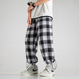 Wiaofellas Korean Men Plaid Pants Vintage Drawstring Joggers Wide Straight Trousers Man Streetwear Fashion Oversized Checkered Pants Man