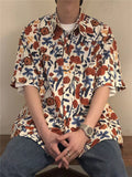 Wiaofellas Summer Men's Retro Printing Floral Short Sleeve Shirts Handsome Fashion Trend Popular Lapel Collar Red Color Shirts M-2XL