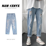 Wiaofellas Summer Slim Fit Jeans for Mens Streetwear Korean Designer Regular Distressed Denim Slim Homme Pants Hip Hop Hole Jeans Trousers