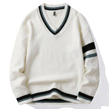 Wiaofellas Contrast Loose Rib V-neck Knitted Sweater Men Casual Long Sleeve Ins Pullover Sweaters Autumn/Winter Versatile Bottomed Sweater