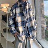 Wiaofellas Spring Wool Shirt Men Fashion Casual Vintage Plaid Shirts Men Streetwear Korean Loose Long-sleeved Shirt Mens Woolen Coat M-2XL