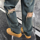 Wiaofellas Washed old torn jeans, men's summer American style street ruffians, handsome pants, trendy high street straight pants