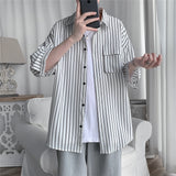 Wiaofellas Legible Summer Striped Shirts Men Casual Loose Turn Down Collar Short Sleeve Shirts for Man