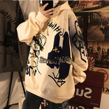 Wiaofellas Autumn and winter Korean style trend plus fleece hooded sweater men graffiti hip-hop all-match loose printed coat couple sweater