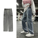 Wiaofellas Men's Jeans Casual Retro Tooling Wide-leg Loose Multi-pocket All-match Straight Trousers