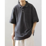 Wiaofellas Summer Men's Japanese Style Vintage Solid Color T-shirts Loose Casual Lapel Collar Short Sleeve Tshirt High-quality T Shirt