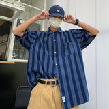Wiaofellas Summer Blue Denim Shirt Men Fashion Retro Pocket Striped Shirts Mens Streetwear Korean Loose Denim Short Sleeved Shirt Men M-2XL