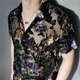 Wiaofellas Colorful Flowers Pattern Velvet Shirt Men Transparent Short Sleeve Sexy Shirt Social Club Outfits Party Men Designer Shirt