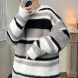 Wiaofellas-Winter Men's Round Neck Thickened Knitting Stripe Printing Wool Sweater Retro Lazy Style Oversized Pullover Keep Warm Coats