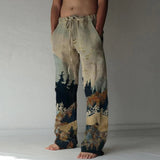Wiaofellas Vintage Digital Printing Loose Trousers Men Drawstring Mid Waist Casual Pants 2023 Spring Fashion Streetwear Long Pant For Male