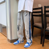 Wiaofellas Retro jeans men's spring and autumn loose printed straight-leg pants Hong Kong style trend students all-match hip-hop trousers