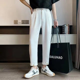 Wiaofellas Summer Men's Fashion Trend Ice Silk Fabric Suit Pants White/black/green Color Nine Point Casual Pants High-quality Trousers
