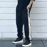 Wiaofellas Y2K Side Button Striped Drawstring Casual Cargo Pants for Men Straight Black Color Joggers Sweatpants Oversize Baggy Overalls