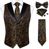 Wiaofellas Brand Suit Vest Set For Men Luxury Silk Black Gold Paisley Dress Vest Tie Cufflinks Handkerchief Set Male Sleeveless Waistcoat