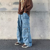 Wiaofellas Multi-Pocket Washed Cargo Pants Men Y2K New Retro High Street Fashion High Waist Jeans Couple Harajuku Casual Wide Leg Pants Men