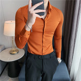 Wiaofellas Men's Shirt High Elasticity Seamless Long Sleeve Slim Casual Shirt Solid Color Business Formal Dress Shirts Social Blouse