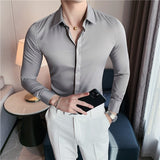 Wiaofellas Men's Shirt High Elasticity Seamless Long Sleeve Slim Casual Shirt Solid Color Business Formal Dress Shirts Social Blouse