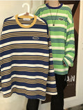 Wiaofellas Long-sleeved Striped T-shirt Spring Autumn Avocado Green Lovers High Street Preppy Top Male Oversize Hip Hop Shirt